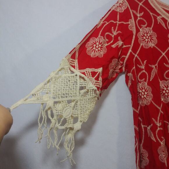 Cato Red Cream Embroidered Lace Boho Top Coastal Beach Size M - Picture 5 of 7